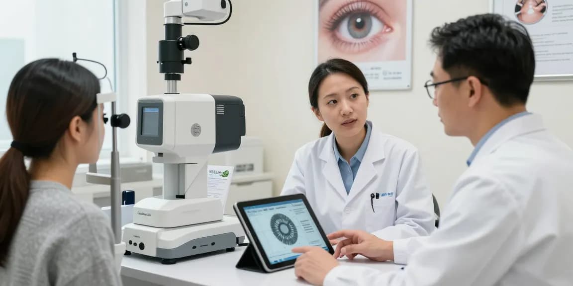 Patient discussing SMILE eye surgery options with an optometrist in a modern clinic