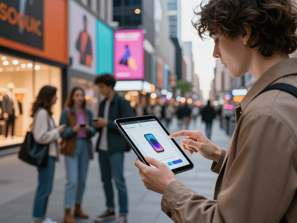 AI sluts - person exploring AI fashion apps on tablet in vibrant urban setting.