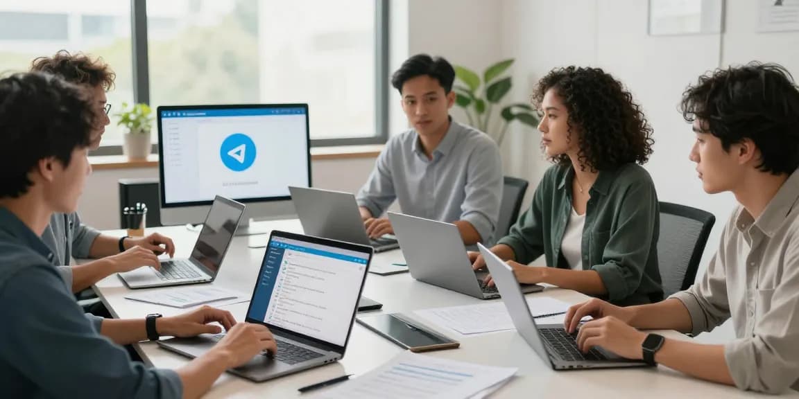 Collaborative team discussing how to use telegram chinese help in a modern workspace.