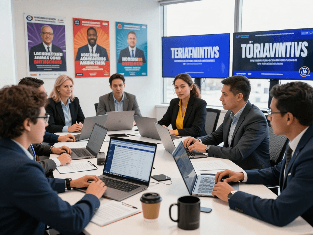 Campaign strategists analyzing connected TV political ads data in modern office.