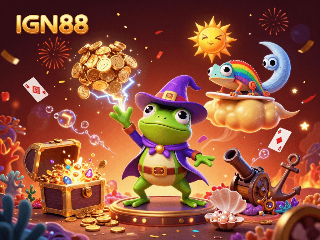 Experience the magic of IGN88 with a whimsical scene featuring a wizard frog and a chameleon amidst a storm of coins.