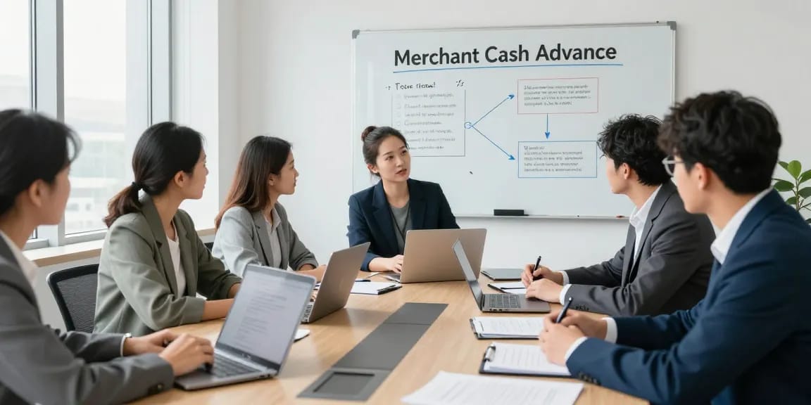 Discussing merchant cash advance legal issues in a modern office.