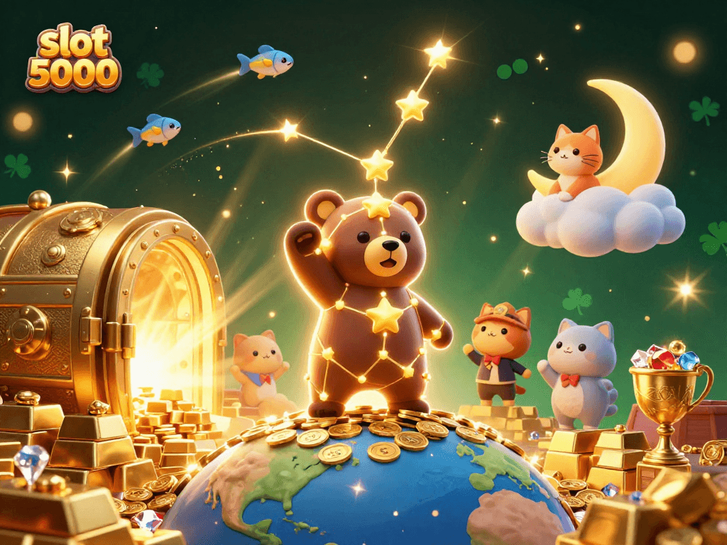 Experience excitement with slot 5000, featuring lucky characters and treasures in a vibrant casino scene.
