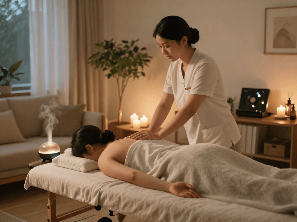 Relaxing 서울출장마사지 session in a calm home environment with therapist and soothing elements.