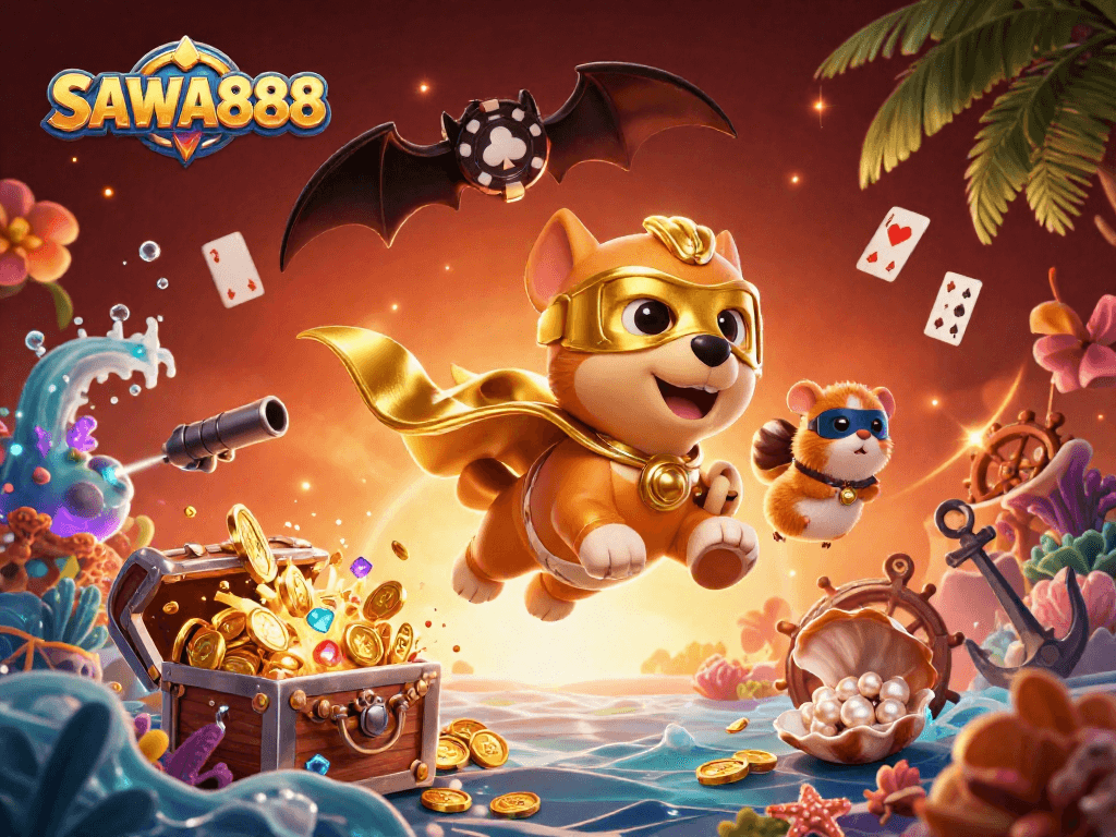 Transform your gaming experience with SAWA888 featuring a hero dog soaring above playful action and treasures.