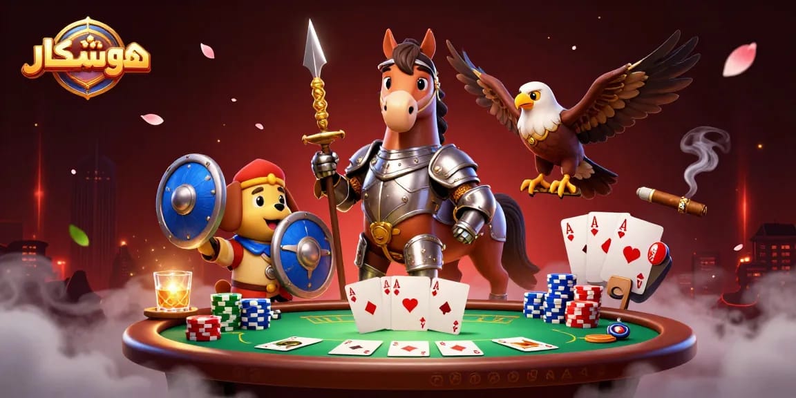 Engage with هوشمندکار in a vibrant casino scene packed with poker elements and medieval characters.