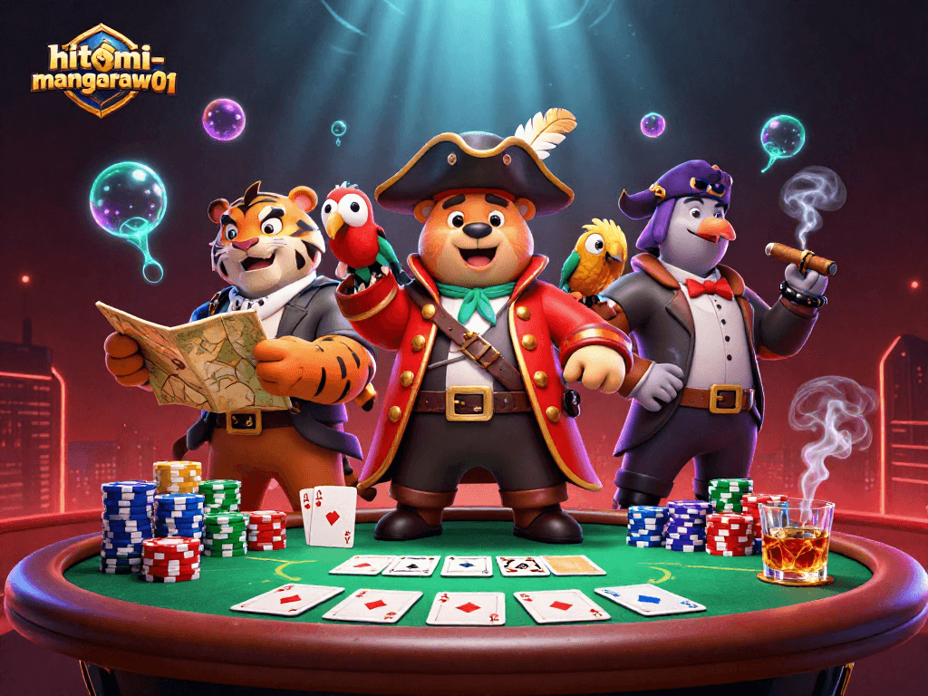 Hitomi-mangaraw01 raises the stakes at an animated poker table, showcasing vibrant gaming dynamics.