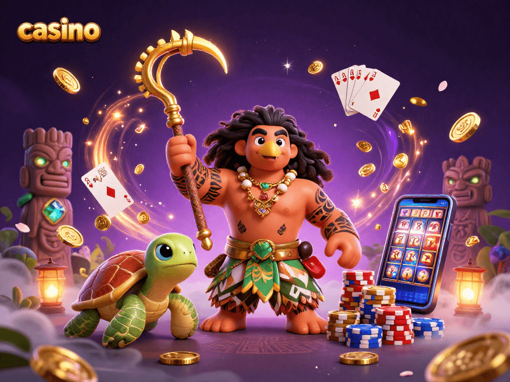 Experience casino excitement with a demigod and his turtle sidekick amidst glowing gem tiki statues.
