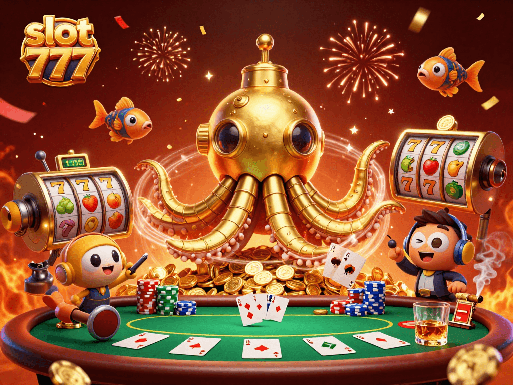Spin the slots at slot 777 with a golden kraken submarine and vibrant jackpot symbols.