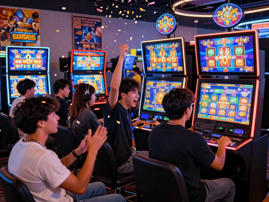 Exciting moment on COINQQSLOT showcasing agen gacor players celebrating wins in a vibrant online casino atmosphere.