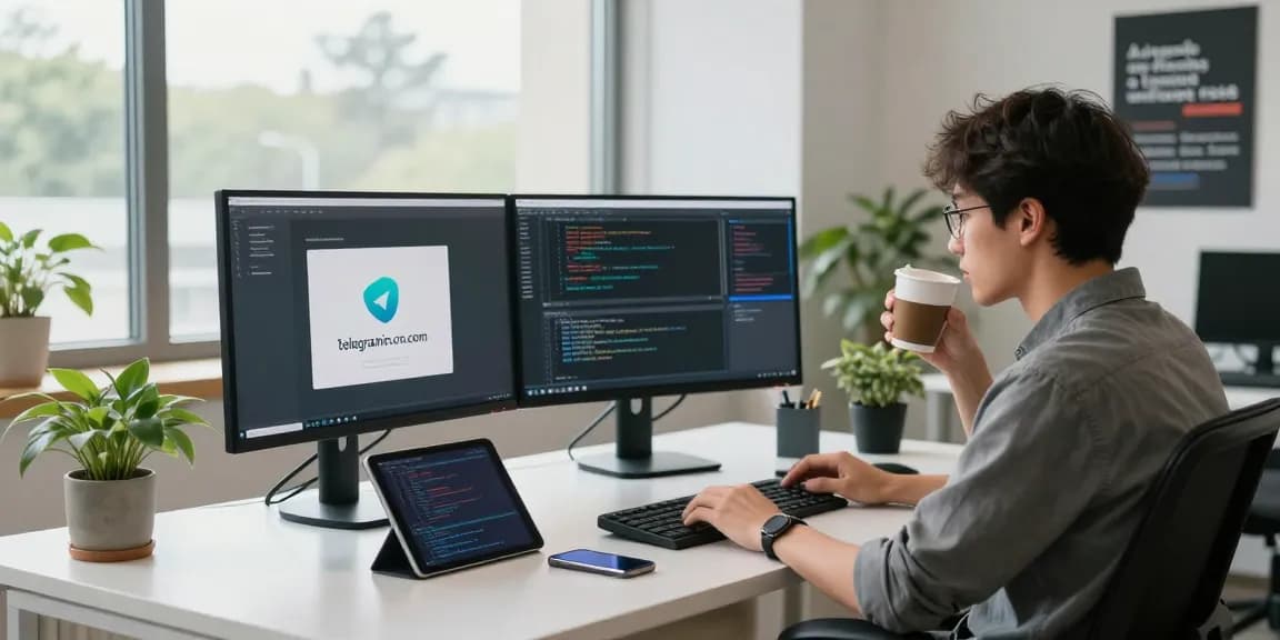 Young professional coding on telegramin-cn.com in a modern workspace.