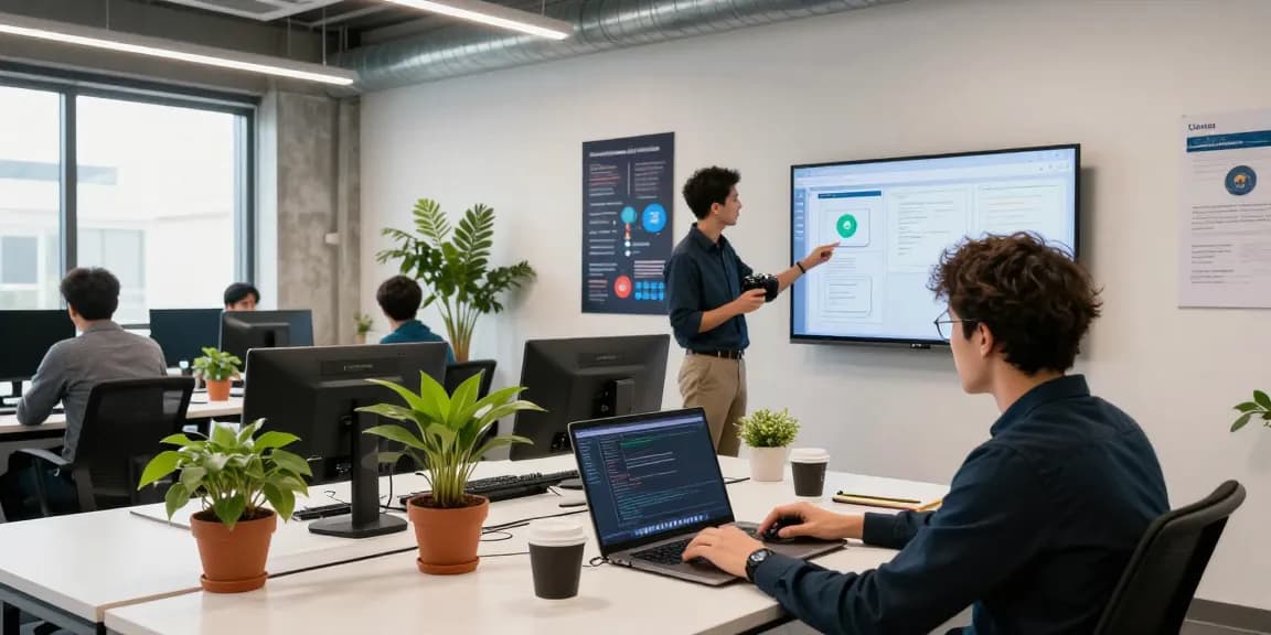 Dynamic software development scene at teiegramin.com co-working space, showcasing collaboration and innovation.