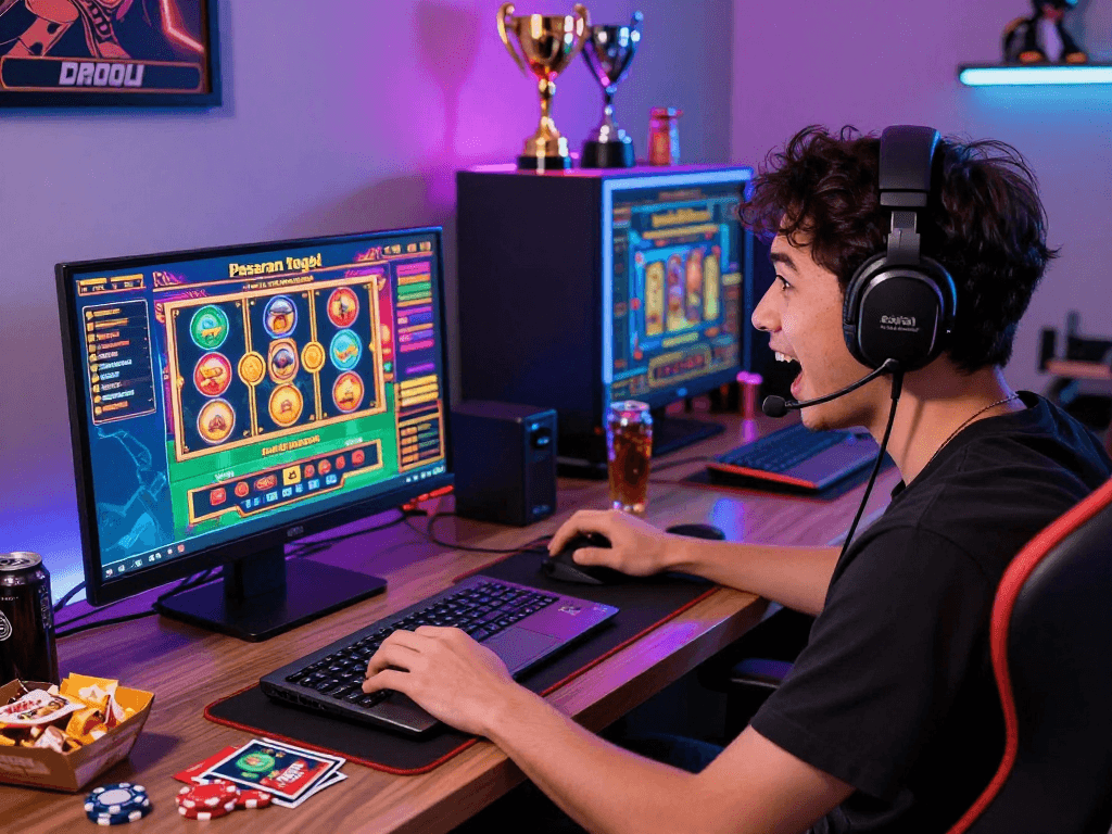 Player enjoying a thrilling pasaran togel game on a laptop in an inviting gaming space.