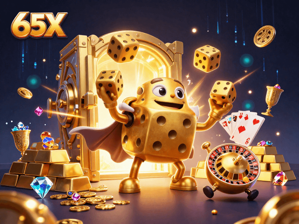 Disfrute da experiência de jogo com 65X em um cassino iluminado com tesouros e emoção.