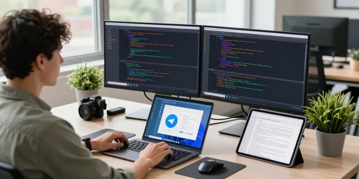 Professional workspace showcasing 纸飞机中文版 on dual screens with vibrant code, developer coding in a bright tech office.