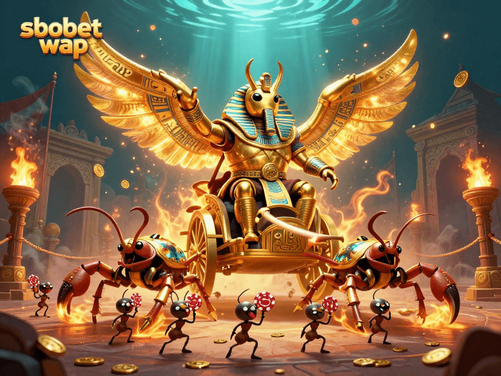 Engage with the vibrant sbobet wap casino scene featuring a golden scarab and scorpions.