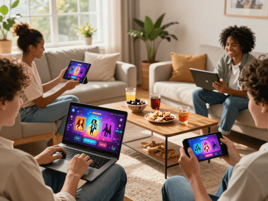 Engaging scene of diverse players enjoying porngames on multiple devices in a cozy setting, highlighting vibrant adult gaming graphics.