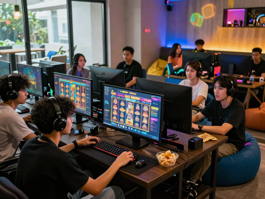 Group of friends enjoying online gaming with slot gacor maxwin displayed on their screens in a vibrant lounge.
