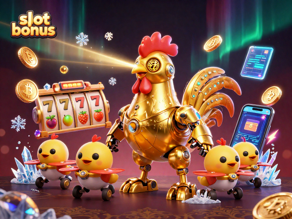 Engage with exciting slot bonus action featuring a dynamic scene with a golden rooster robot and coins.