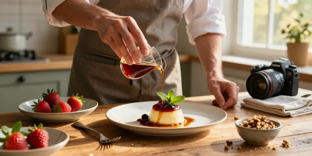 Gourmet chef drizzling Maplelixir over a dessert with fresh ingredients in a cozy kitchen.