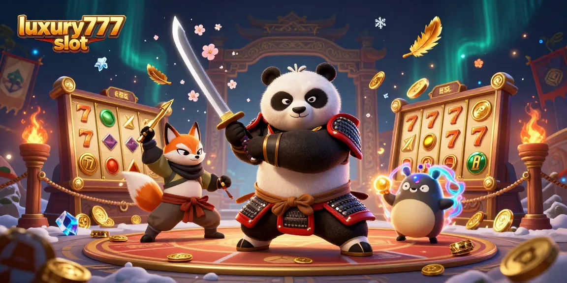 Engage with luxury777 slot, a dynamic scene of samurai panda and ninja fox amidst swirling golden slot elements.