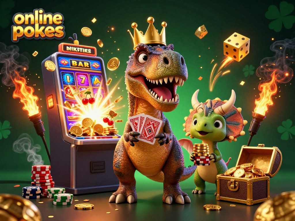Engaging scene of online pokies with a T-Rex and friends amidst a jackpot explosion of coins.