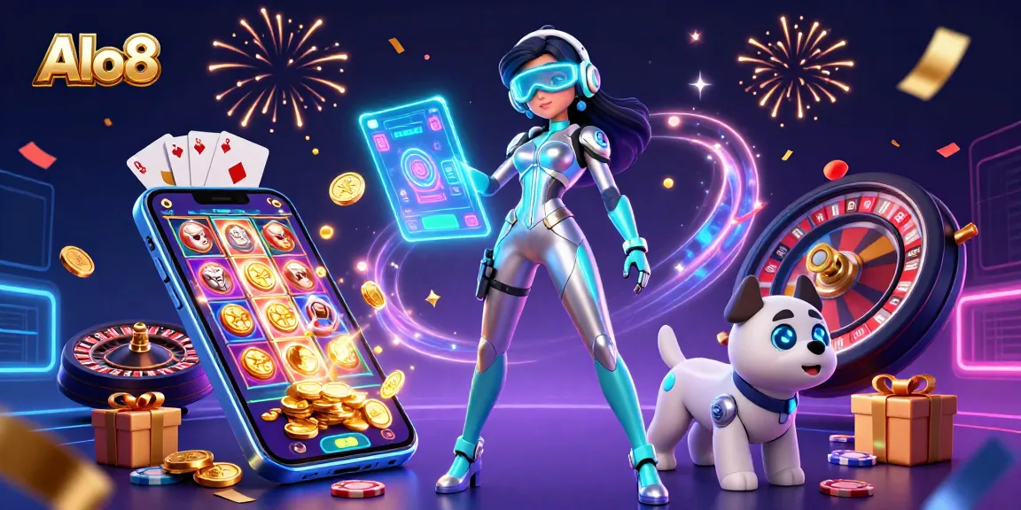 Experience thrilling games at Alo8 with a stunning 3D digital illustration, showcasing a futuristic casino environment.