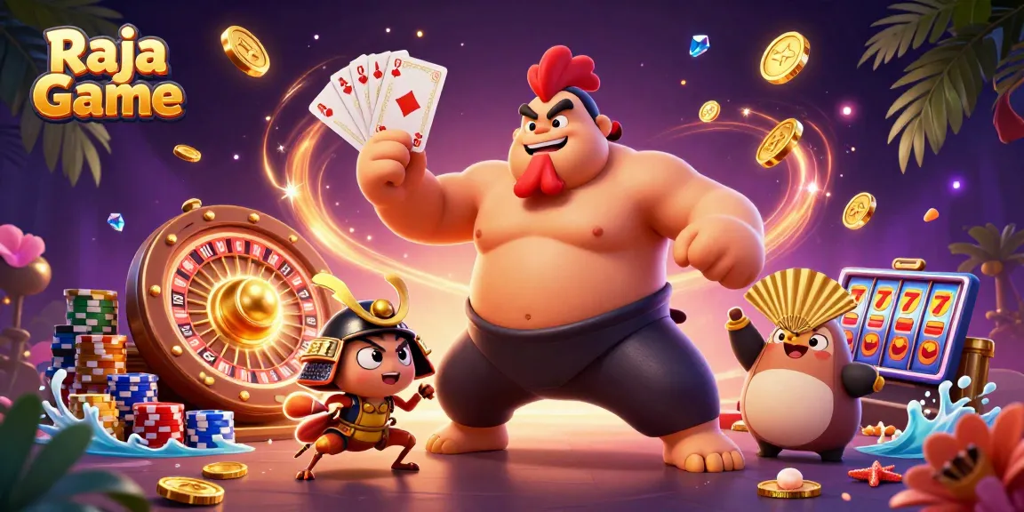 Engage in exciting gameplay with Raja Game featuring a sumo rooster and samurai cricket in a vibrant casino setting.