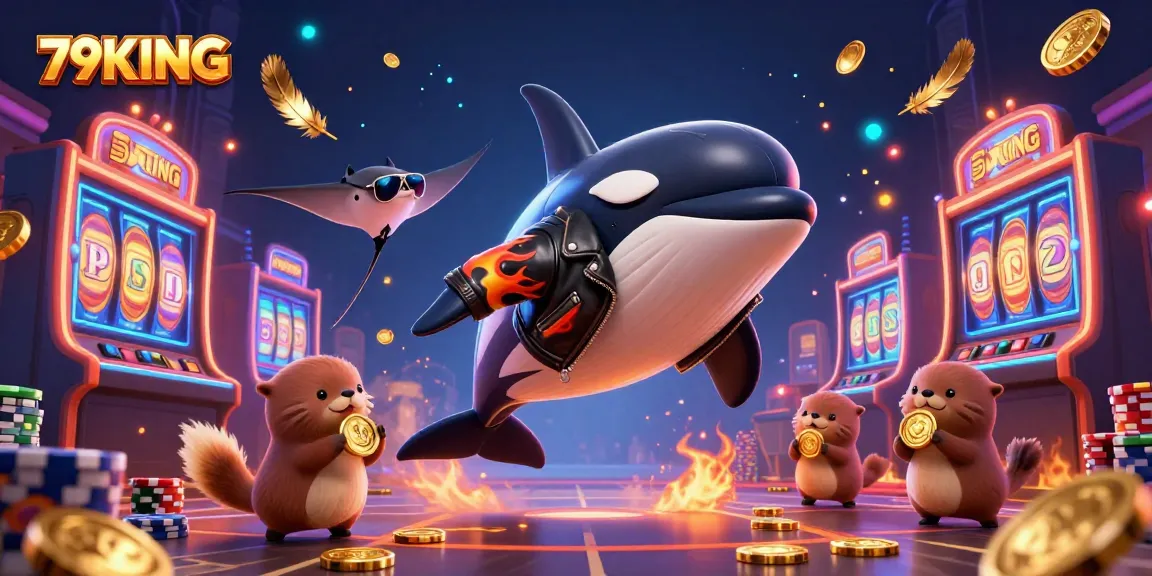 Experience the casino excitement with a dynamic scene featuring 79KING characters amidst dazzling slot reels.