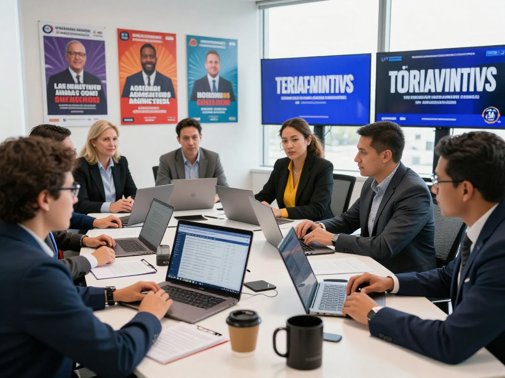 Campaign strategists analyzing connected TV political ads data in modern office.