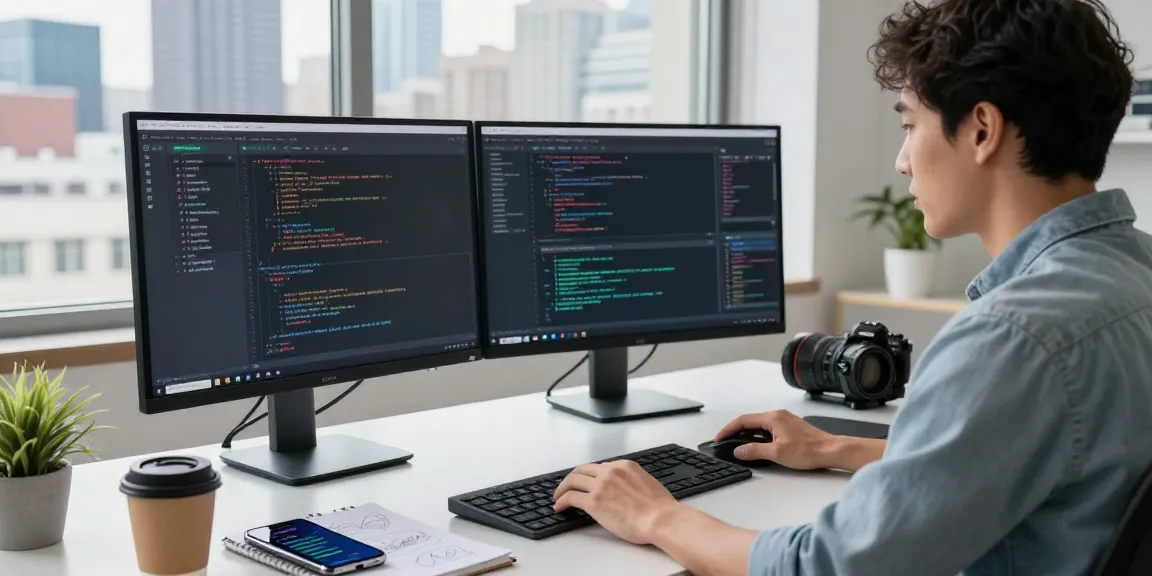 快连 software engineer coding in a vibrant workspace with dual monitors and city skyline view.