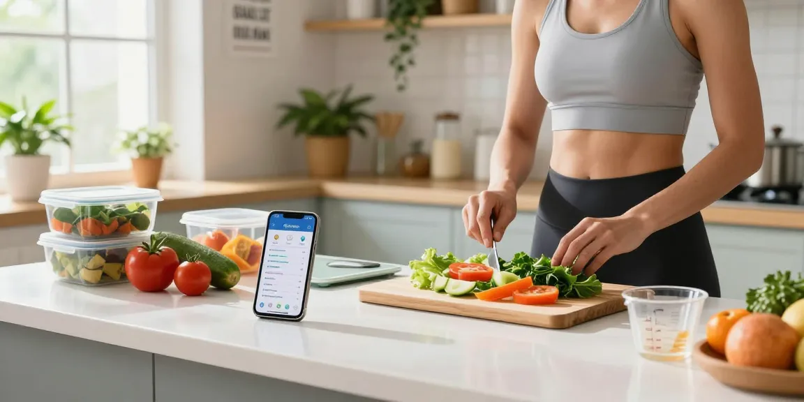 Healthy cooking in a bright kitchen showcasing the best calorie tracking apps on a smartphone.