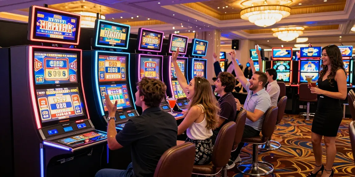 Joyful players celebrating slot wins in vibrant casino atmosphere.