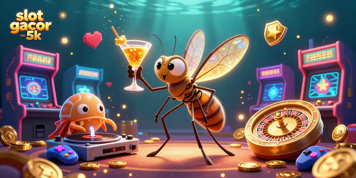 Engage with slot gacor 5k via a playful 3D illustration featuring a frozen mosquito mascot and casino elements.