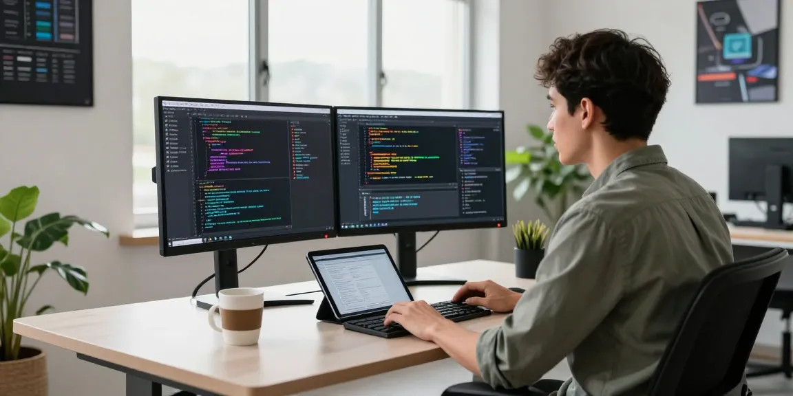 Engineer working on 纸飞机中文版 coding in modern workspace with dual monitors.