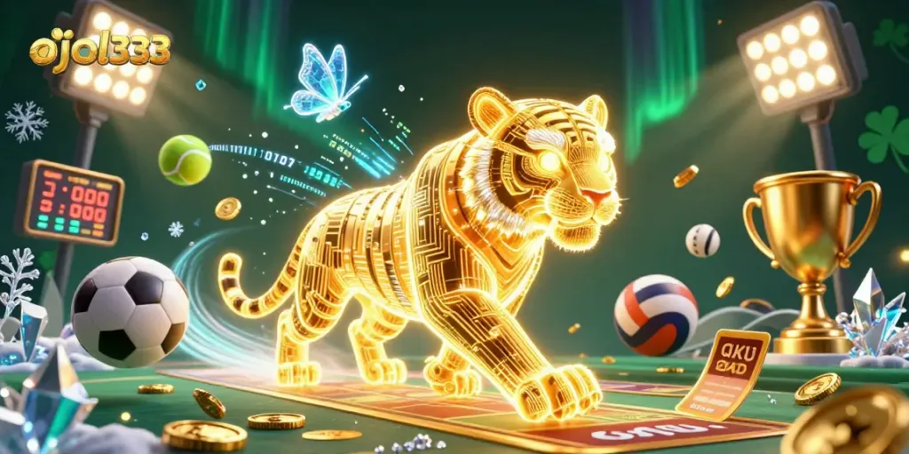 Experience the thrill of ojol333 with a vibrant casino scene featuring a glowing golden tiger and dynamic sports elements.