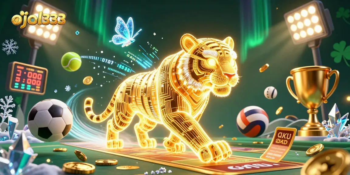 Experience the thrill of ojol333 with a vibrant casino scene featuring a glowing golden tiger and dynamic sports elements.