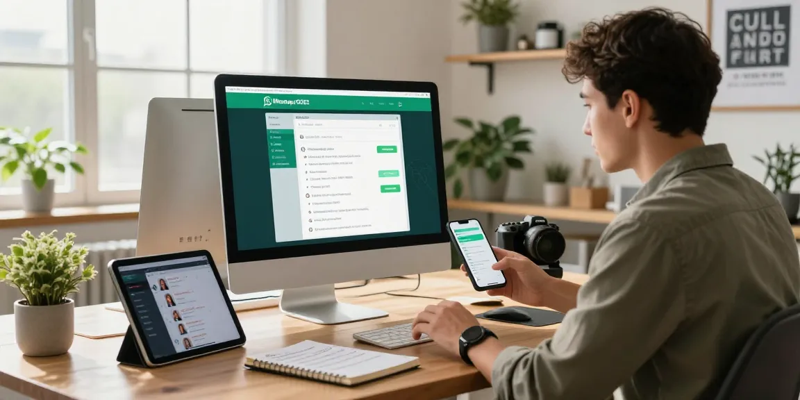 Professional using WhatsApp網頁版 on desktop in a modern home office with tablet and notepad.