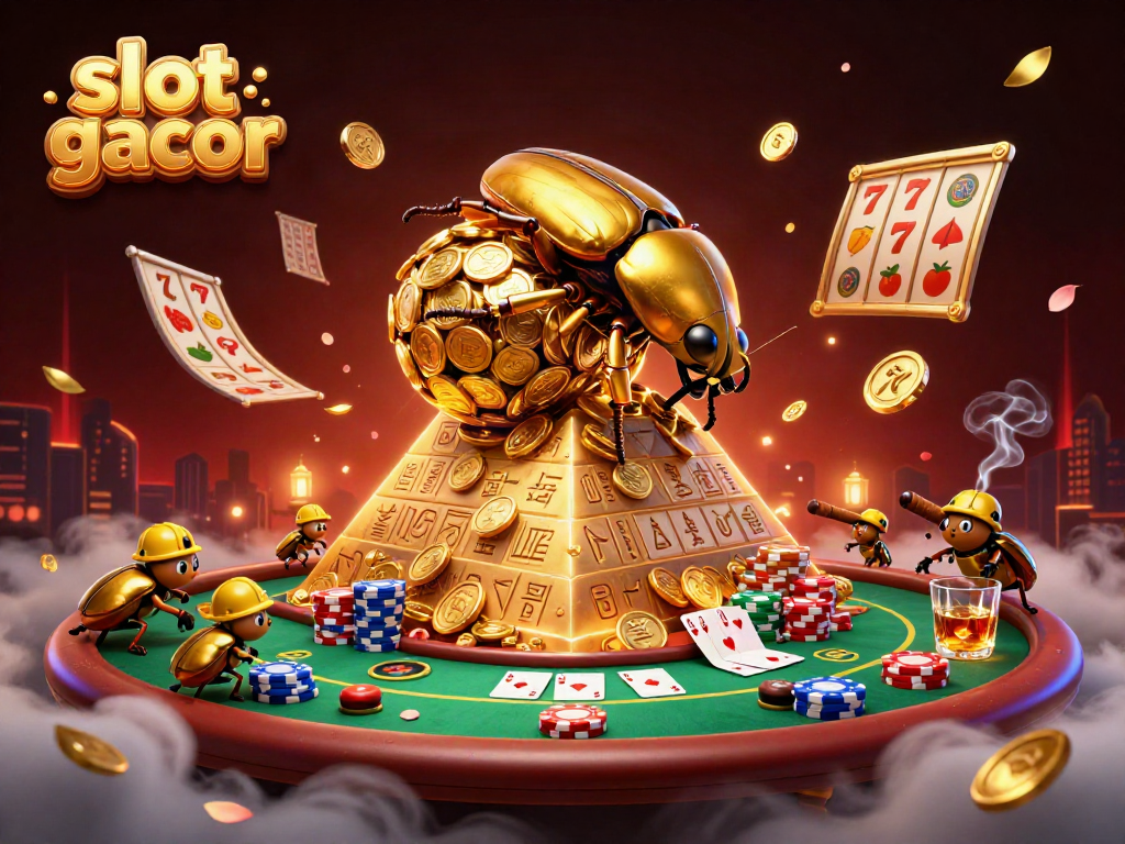 Experience the thrill of slot gacor with a vibrant 3D scene of golden beetles and dynamic gaming elements.