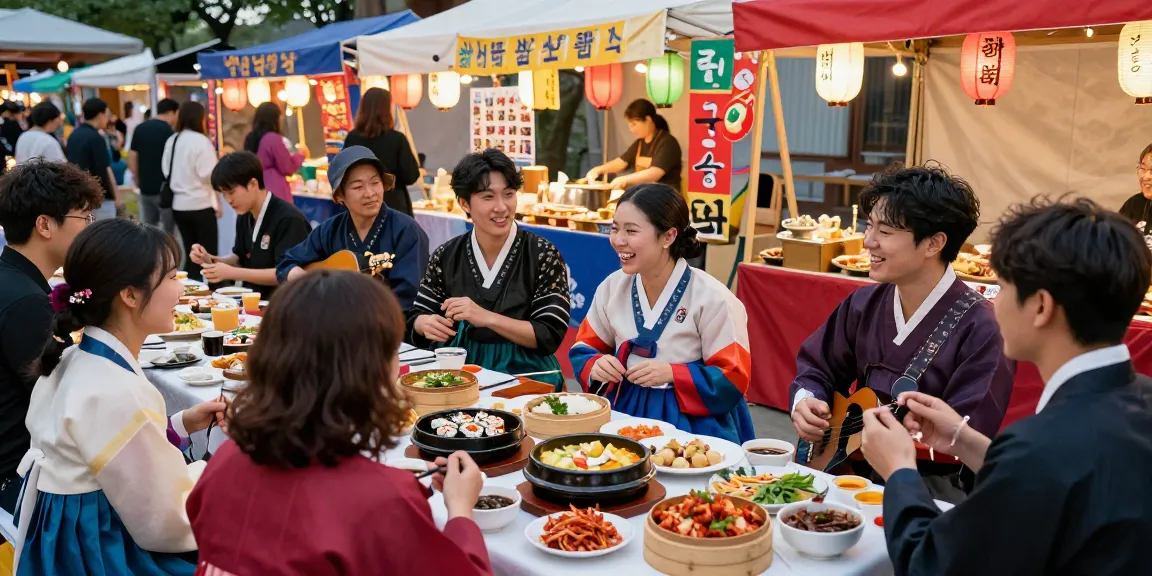 Multicultural festival scene celebrating Asian culture at https://hanadultalk.com with traditional food, vibrant decorations, and joyful conversations.