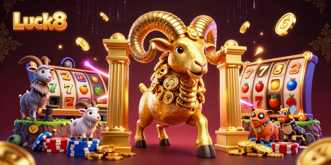 Experience the excitement of Luck8 with a golden ram charging amidst casino elements in this vibrant 3D illustration.