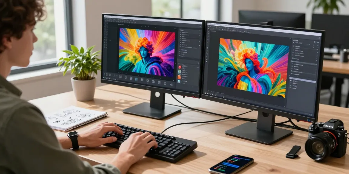 AI detector interface in modern workspace analyzing images in real-time on dual screens