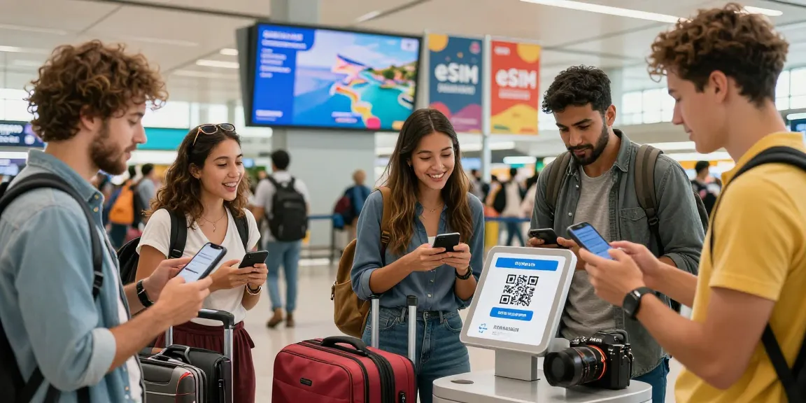 Travelers activating Cupons eSIM for instant connectivity at the airport.