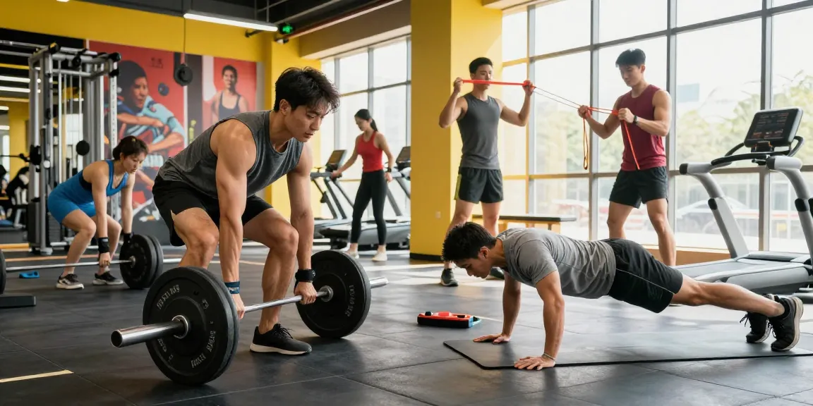 Dynamic workout scene at Astera Shop, showcasing fitness products and engaged athletes.