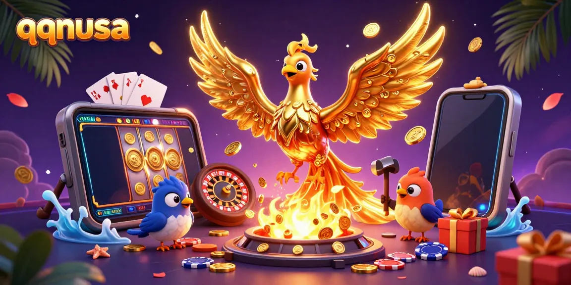 Engage with exciting slots at qqnusa, featuring vibrant gold coins, spinning reels, and a magical phoenix.