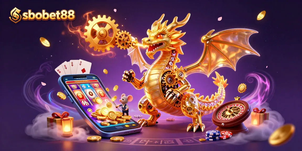 Experience sbobet88 action with a golden dragon and dynamic gaming elements in a stunning illustration.