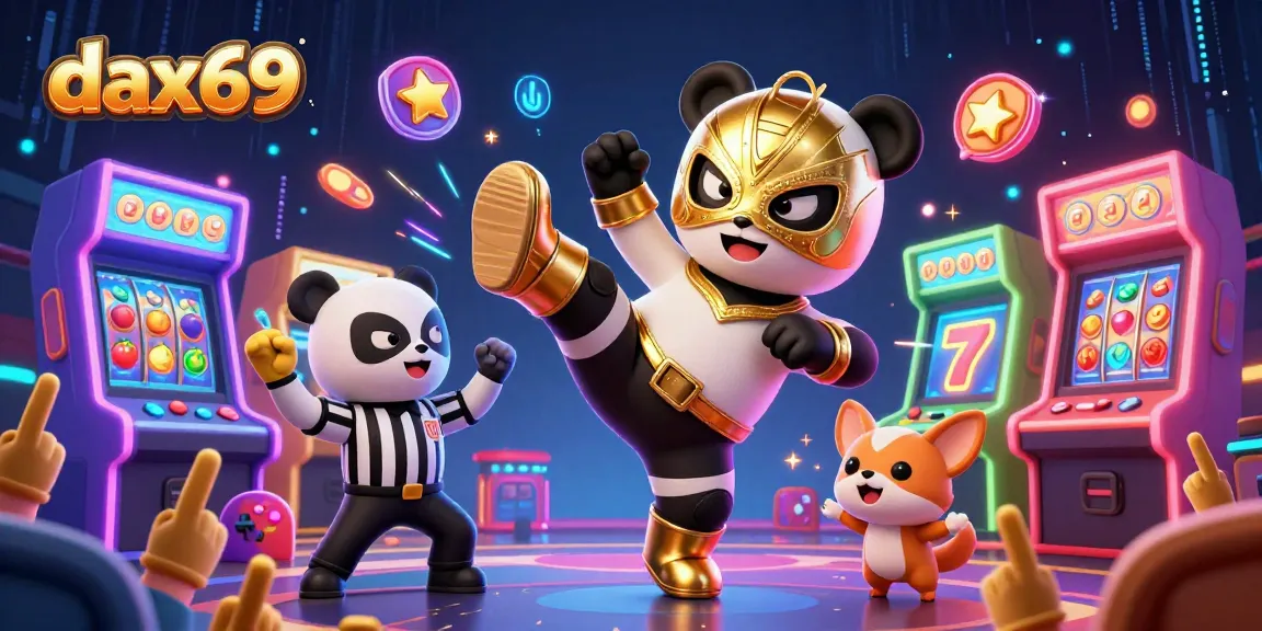DAX69 memicu jackpot dalam permainan slot dengan slot reels dan penonton hewan kecil bergembira.