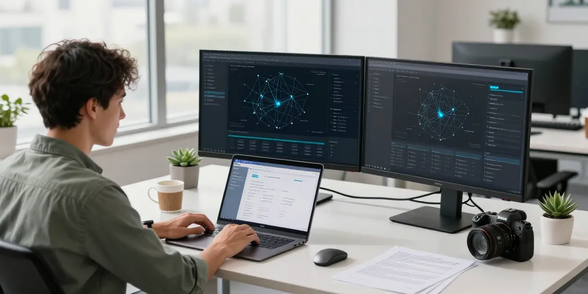 快连 application open on a laptop in a modern tech workspace.
