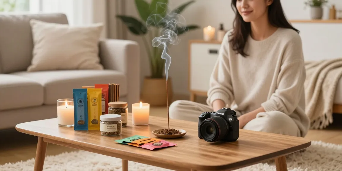 Relaxing environment for herbal incense online with aromatic products and cozy decor.