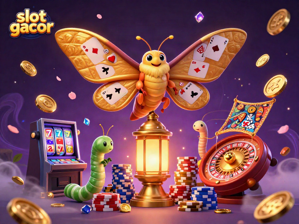 Slot gacor 3D illustration featuring a golden moth surrounded by casino elements.